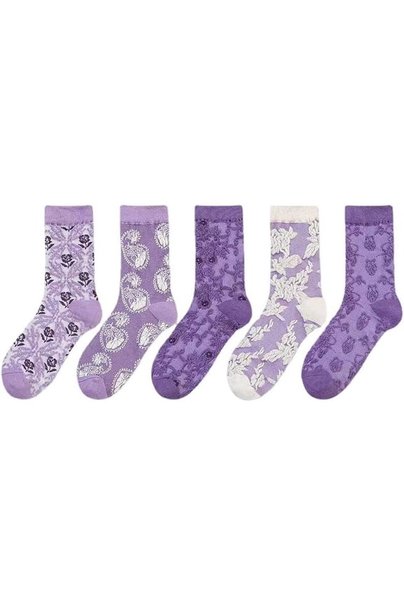 5 Pairs Vintage Purple Floral Socks Y2K Grunge Ethnic Jacquard Crew Cotton Socks Fairycore Alt Emo Dress Socks
