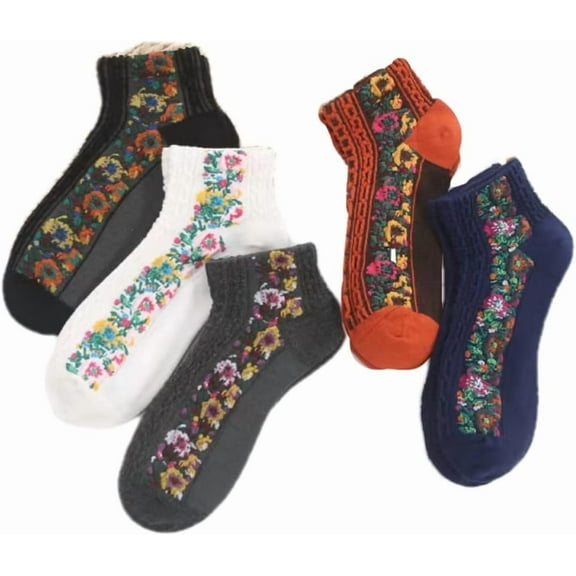 YooGuoGuo 5 Pairs Women's Retro Floral Embroidered Socks Shallow Mouth Short Socks Cotton Ankle Socks Comfortable Crew Socks