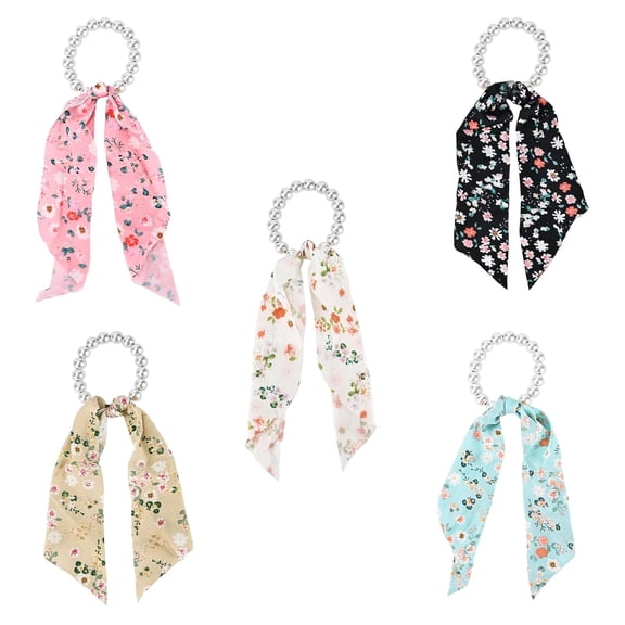 YooGuoGuo 5-Piece Pearl Elastic Hair Ties with Scarf for Women Girls, Cute Floral Scrunchies Ponytail Holders, Knotted Bow Flower Print Satin Hair Accessories (Peony)