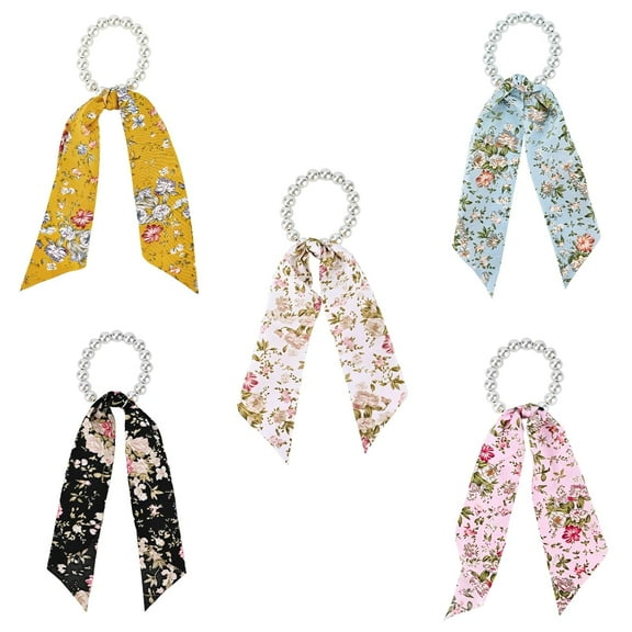 YooGuoGuo 5-Piece Pearl Elastic Hair Ties with Scarf for Women Girls, Cute Floral Scrunchies Ponytail Holders, Knotted Bow Flower Print Satin Hair Accessories (Peony)