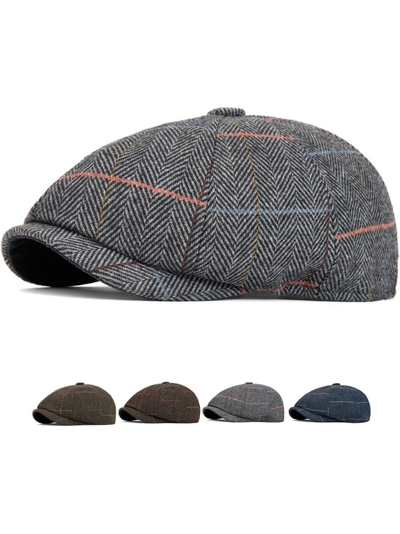 8 Panel Plaid Wool Polyeste Newsboy Cap for Men Women Warm Beret Hat Adjustable Driving Painter Daily Casual Cabbie Flat Cap