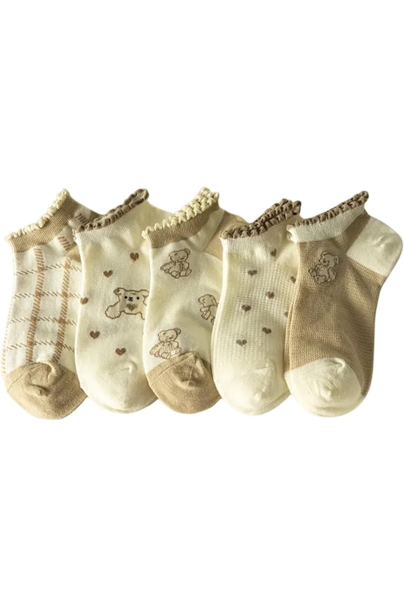 Ankle Socks 5 Pairs for Women 5-10 Cute Bear Low Cut Fun Frilly Heart Plaid Summer Thin Casual Novelty Cotton Dress