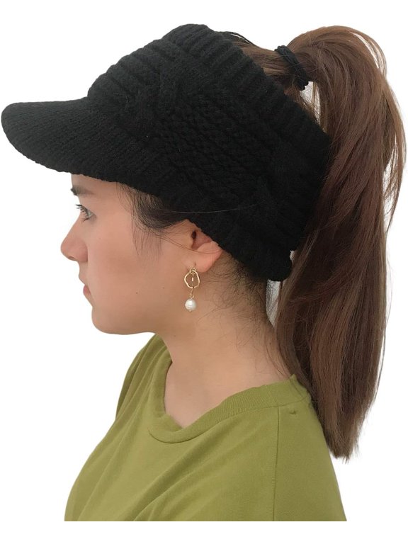 Beanie Tail Winter Warm Knit Messy High Bun Ponytail Hats Visor Beanie Cap