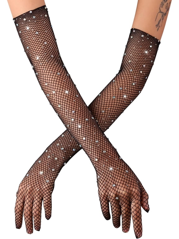 Black Rhinestone Fishnet Gloves, Long Mesh Lace Gloves, Goth Gloves, Punk Gloves, Gothic accessories