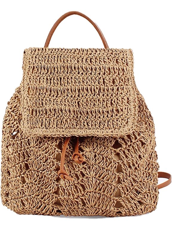 Boho Brown Hollow Straw Woven Backpack Lightweight Casual Summer Beach Travel Daypack for Women