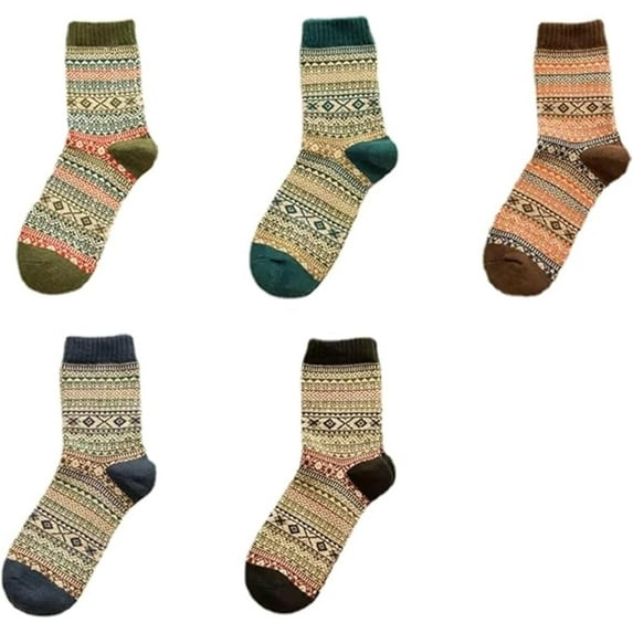YooGuoGuo Calf Socks for Men 5 Pairs Vintage Color Printed Pattern Winter Cotton Thick Warm Casual Dress Argyle Striped