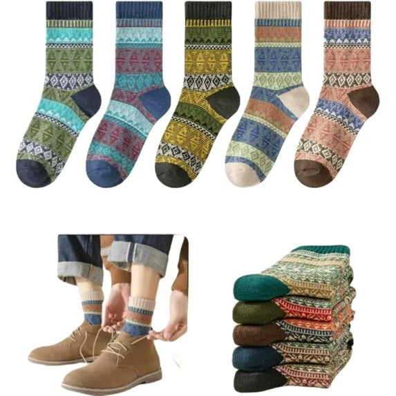 YooGuoGuo Calf Socks for Men 5 Pairs Vintage Color Printed Pattern Winter Cotton Thick Warm Casual Dress Argyle Striped