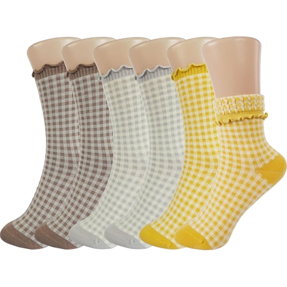 YooGuoGuo Checkered Ruffle Socks Women - Cute Plaid Frilly Sock - Casual Crew Cotton Socks Size 5-9