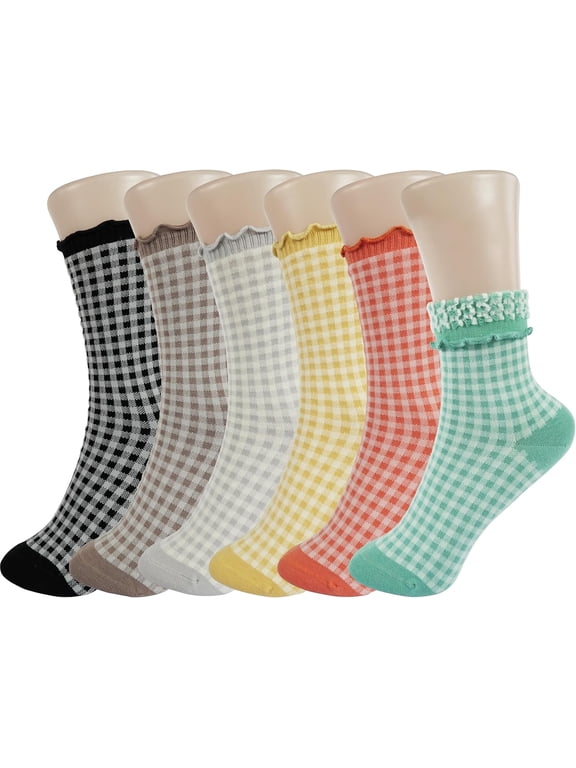 Checkered Ruffle Socks Women - Cute Plaid Frilly Sock - Casual Crew Cotton Socks Size 5-9