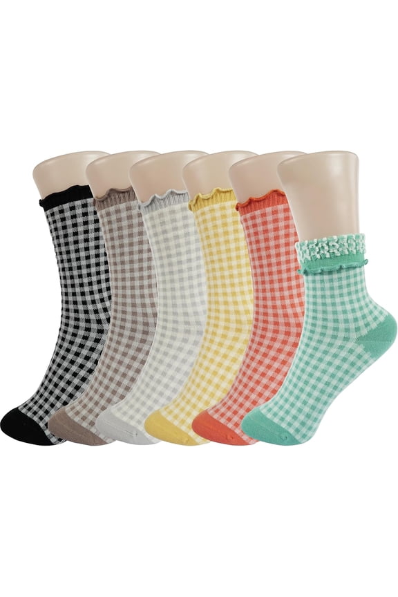 Checkered Ruffle Socks Women - Cute Plaid Frilly Sock - Casual Crew Cotton Socks Size 5-9
