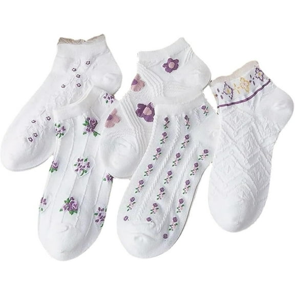 YooGuoGuo Crew Socks 5 Pairs for Women 5-10 Cute Novelty Girl Ankle Thin Chic Lace Low Cut Floral Summer Cotton Breathable