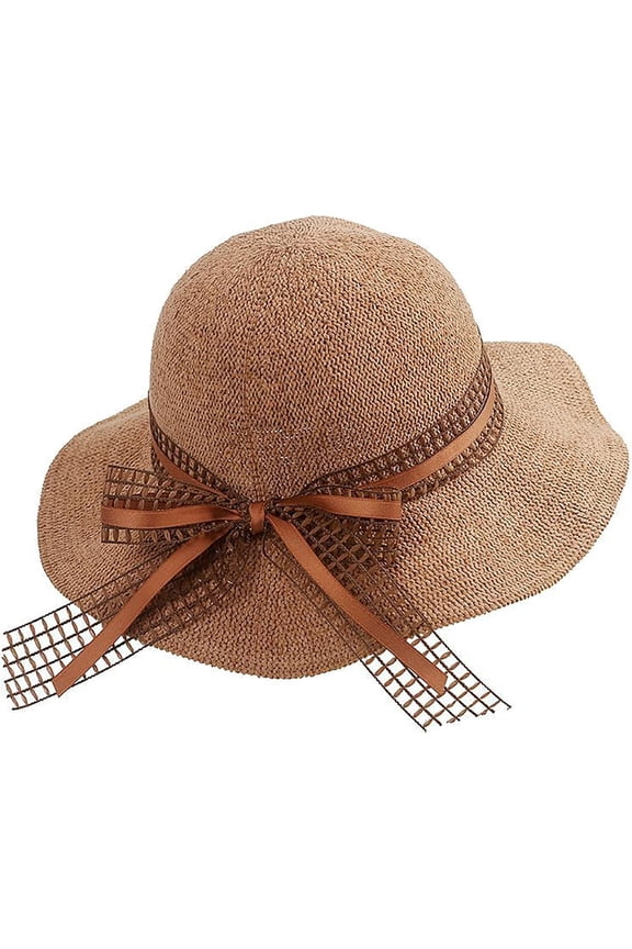 Crochet Beach Sun Hat with Bow Decor for Women Summer Wide Brim Floppy Straw Bowler Hat Girls Foldable Travel Outdoor Medium