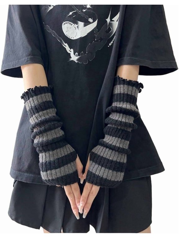 Crochet Striped Gloves Y2K Gothic Arm Warmers Fingerless Punk Arm Sleeve Fairy Grunge Accessories Harajuku Emo