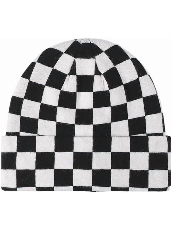Crochet Y2K Beanie Hat Plaid Warm Winter Hats Checkered Slouchy Knitted Caps Skull Cap Goth Punk Y2K Accessories