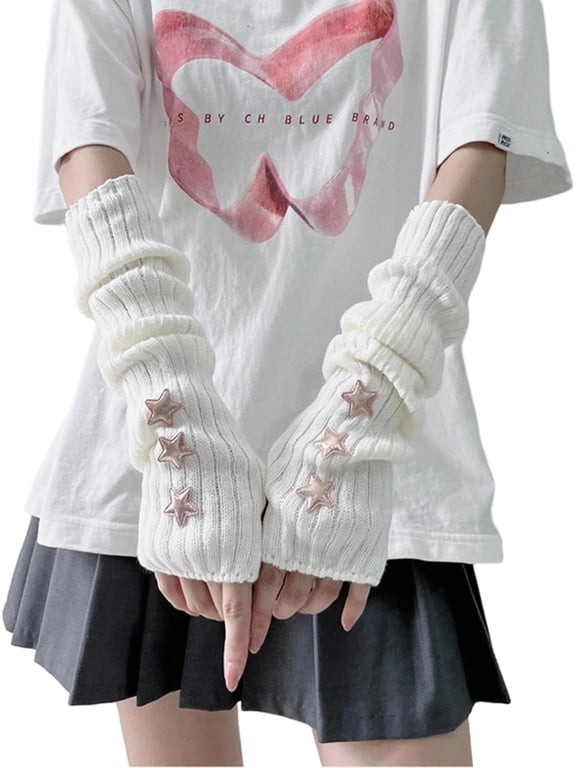 Cute Arm Cover Y2K Knitted Arm Warmer Grunge Fairy Fingerless Gloves Kawaii Kpop Arm Sleeves for Women Teen Girl