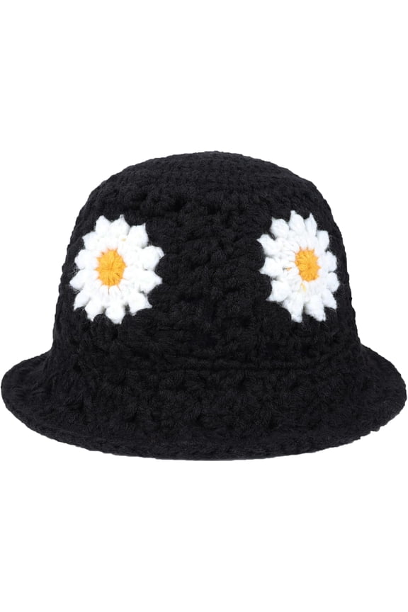 Daisy Flower Crochet Bucket Hat Packable Short Brim Knit Fisherman Hat for Women