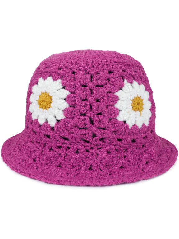 Daisy Flower Crochet Bucket Hat Packable Short Brim Knit Fisherman Hat for Women