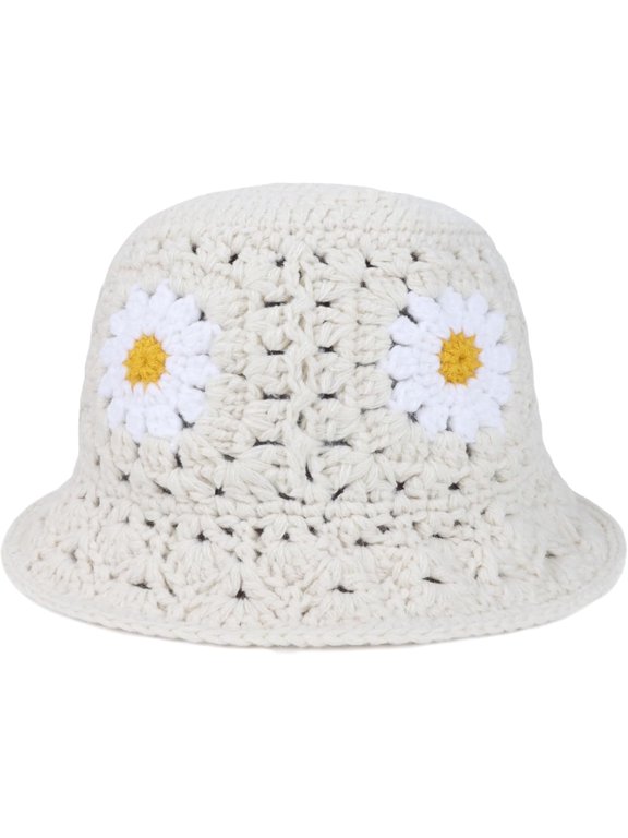 Daisy Flower Crochet Bucket Hat Packable Short Brim Knit Fisherman Hat for Women