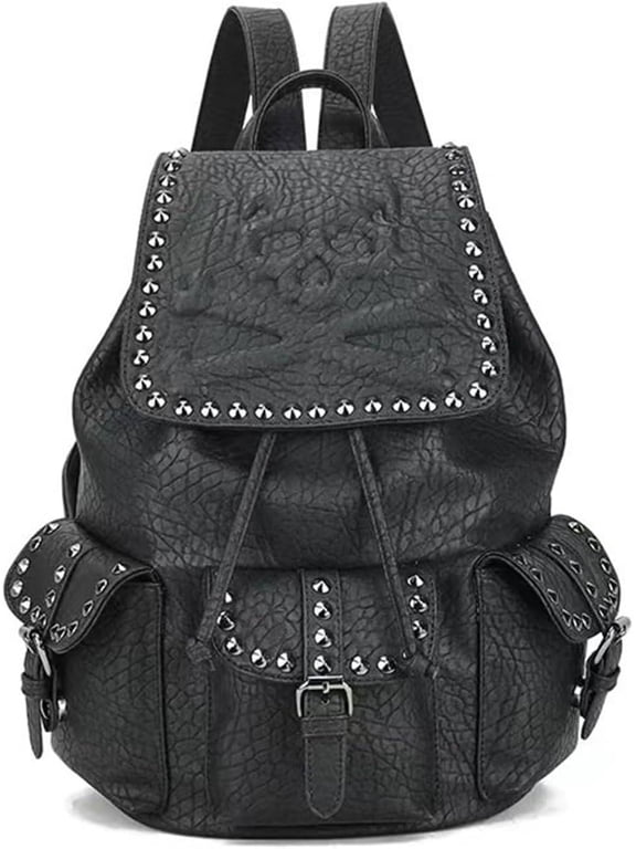 Embossed Skull Backpack for Men Women PU Leather Travel Shoulder Bag Drawstring Daypack Rivet Handbag Fashion Dayback