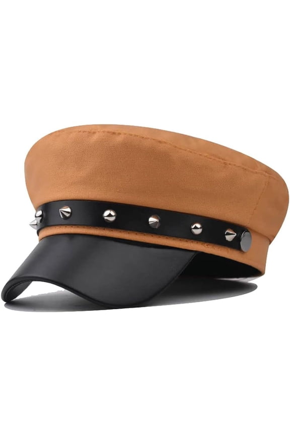 Fashion Baker Boy Hat Berets with Rivet PU Leather Chain Vintage Newsboy Hats Fisherman Sailor Fiddler Cap for Women