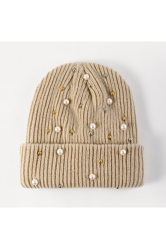 Fashion Women Pearls Winter Hat Cute Ladies Beanies Bling Ribbed Knit Cap Warm Outdoor Beanies Ladies Cap