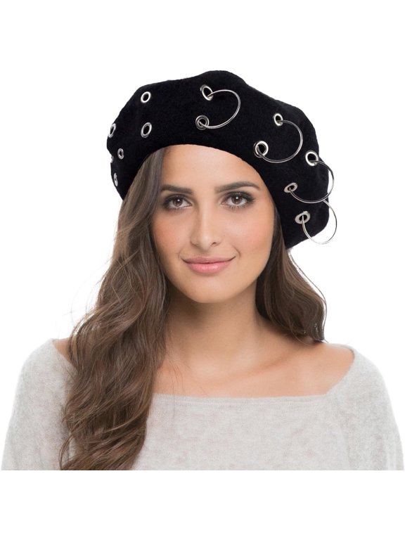 French Beret Hats Punk Iron Ring Beret for Women Fashionable Black