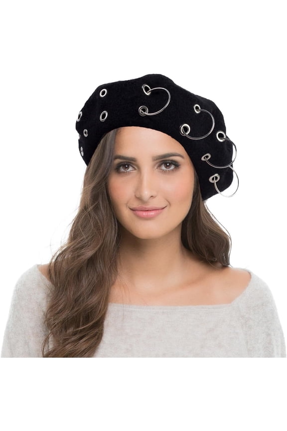 French Beret Hats Punk Iron Ring Beret for Women Fashionable Black