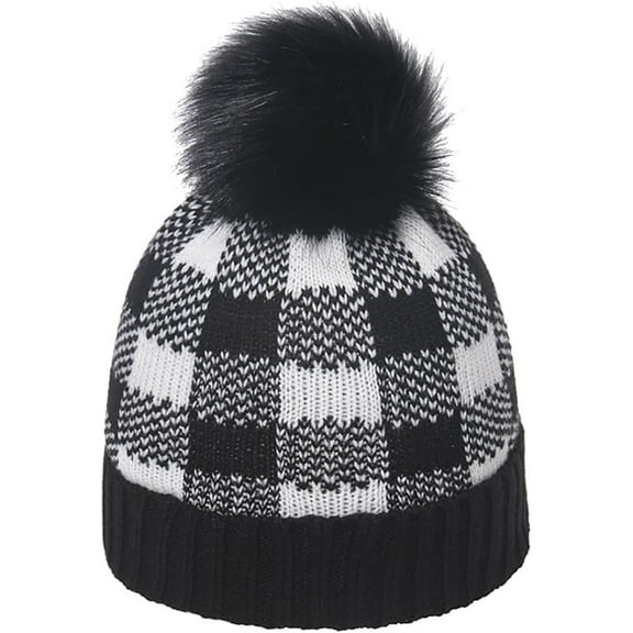 YooGuoGuo Girls Boys Winter Warm Check Knit Pompom Beaine Knit Skull Cap Rolled Edge Design