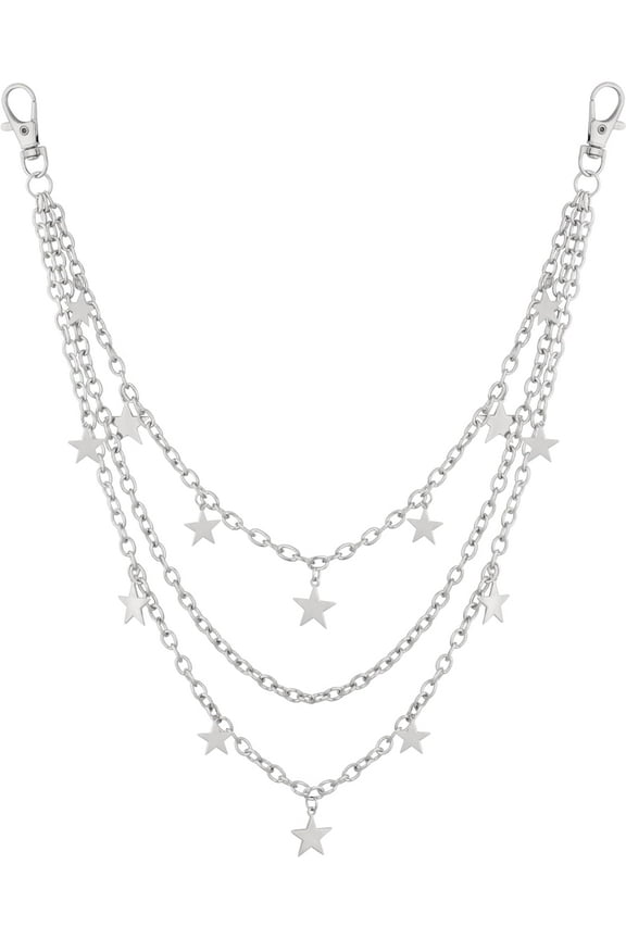 Gothic Silver-tone Layered Star Pants Chain, Silver-tone Wallet Belt Chain, Goth Grunge Emo Punk Accessories