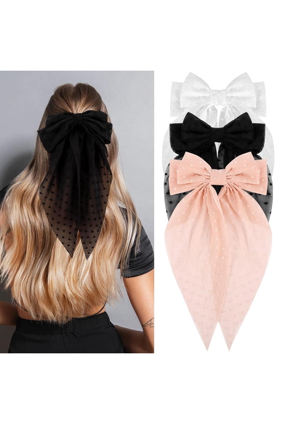 Hair Bows for Women Girls 3Pcs Pink Red Rose Red Silky Satin Large Bows Hair Clip Oversized Hair Ribbons Long Tail Big Bows Hair Accessories