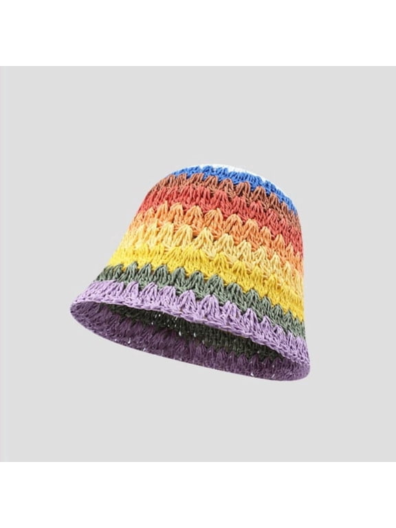 Japanese Instagram Rainbow Straw Woven Bucket Hat For Women's Summer Outdoor Vacation Sun Protection And Sunshade Hat, Beach Show Face Small Fisherman Hat