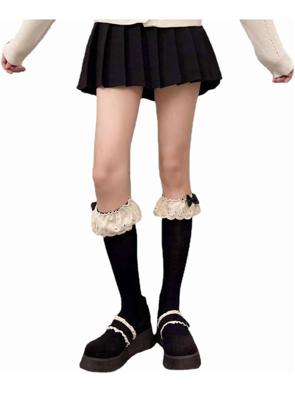 Kawaii Frilly Socks Goth Knee High Socks with Lace Bow Trim Coquette Slouch Long Socks Cute Japanese Long Cotton Socks