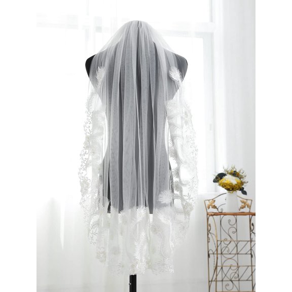 YooGuoGuo Lace Bride Wedding Veil Short Fingertip Length Bridal Tulle Veils with Comb for Women and Girls (Ivory)
