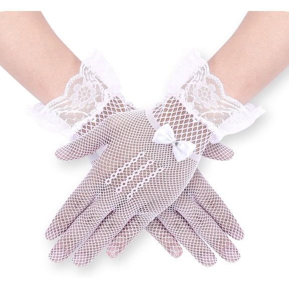 YooGuoGuo Lace Gloves, Elegant Short Gloves Lace Gloves Women with Rhinestone Bow Tie Wrist Glove for Courtesy Summer Opera Evening Wedding Tea Party Prom Cosplay (White)