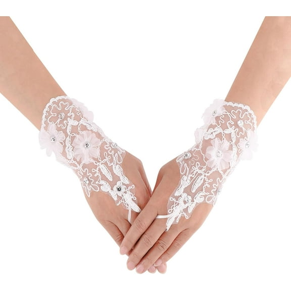 YooGuoGuo Lace Wedding Gloves Women Bridal Fingerless Gloves with Rhinestone White Tulle Gloves for Party Halloween(White)
