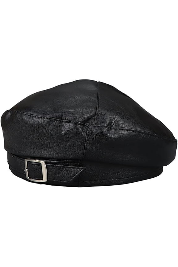Lady's Soft PU Leather Strap Design On Front Beret Cap Painter Hat Women's Flat Cap