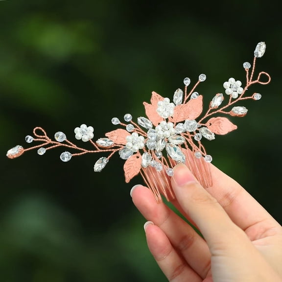 YooGuoGuo Leaf Bride Wedding Hair Comb Crystal Bridal Hair Accessories Pearl Hair Piece for Women and Girls (B Rose Gold)