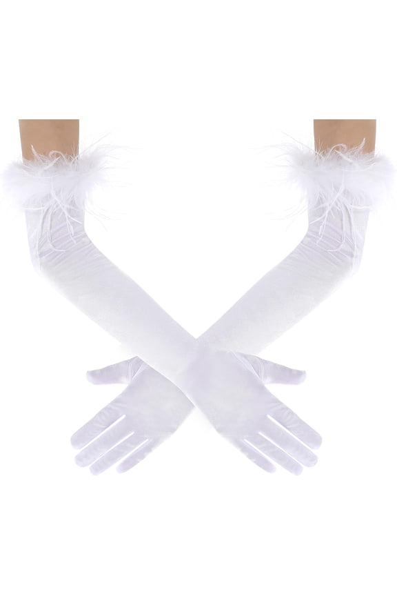 Long Satin Opera Gloves - Pageant Feather Gloves 1920s Stretchy Elbow Gloves for Halloween Costume Evening Party
