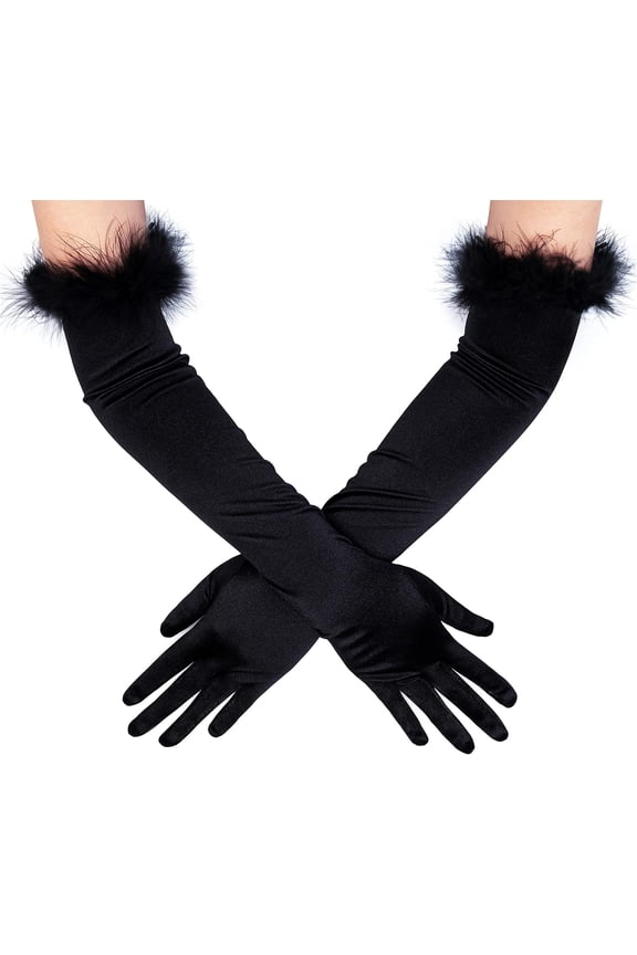 Long Satin Opera Gloves Pageant Feather Gloves 1920s Stretchy Elbow Gloves for Halloween Costume Evening Party