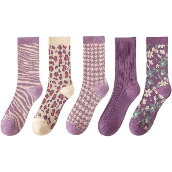 YooGuoGuo LuaNi Calf Socks 5 Pairs for Women 5-10 Cotton Knit Floral Wave Pattern Versatile Casual Cozy Stylish Breathable Soft Durable