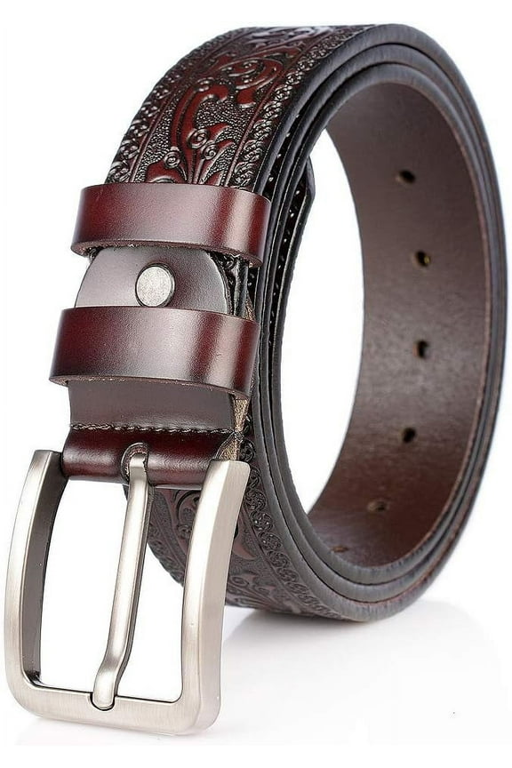 Men's Dual Loop Leather Belt Women Retro Engraved Pattern Metal Buckle Leather Belt for Jeans Dress waist 33''-43''