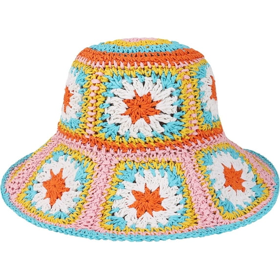 YooGuoGuo Multicolor Floral Crochet Straw Sun Hat Foldable Packable Wide Brim Bucket Hat Summer Beach Hat for Women