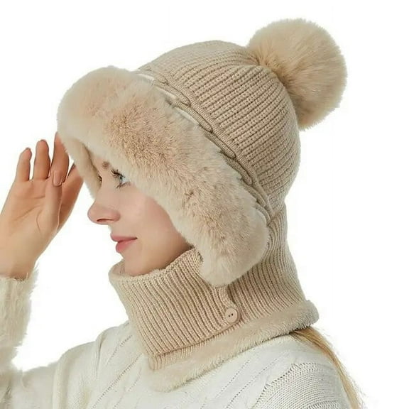 YooGuoGuo One Piece Pompom Face Cover Neck Cap Winter Ear Protection Knitted Hats Women Hooded Thicken Outdoor Windproof Warmer Beanie Cap