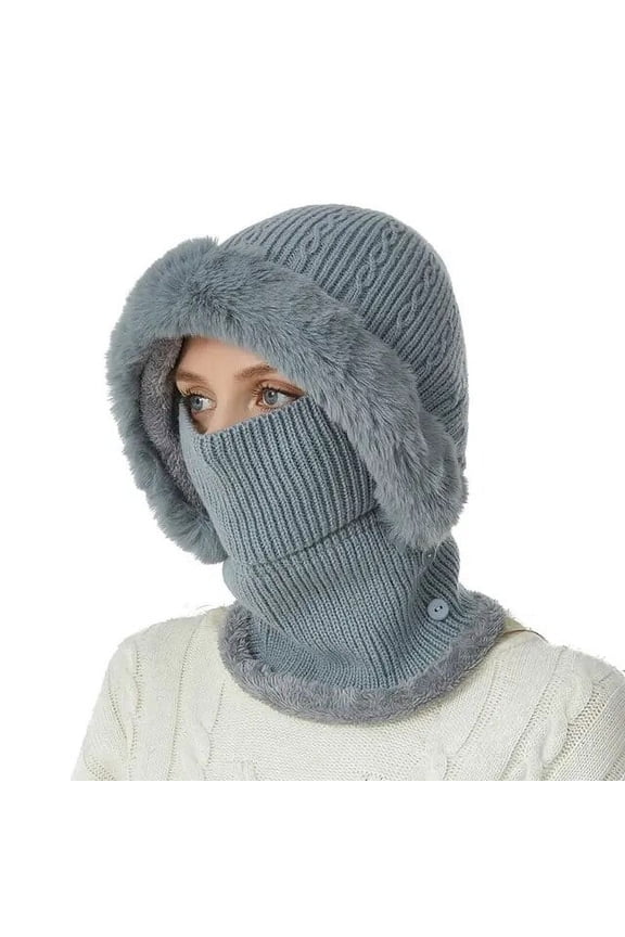 One Piece Pompom Face Cover Neck Cap Winter Ear Protection Knitted Hats Women Hooded Thicken Outdoor Windproof Warmer Beanie Cap