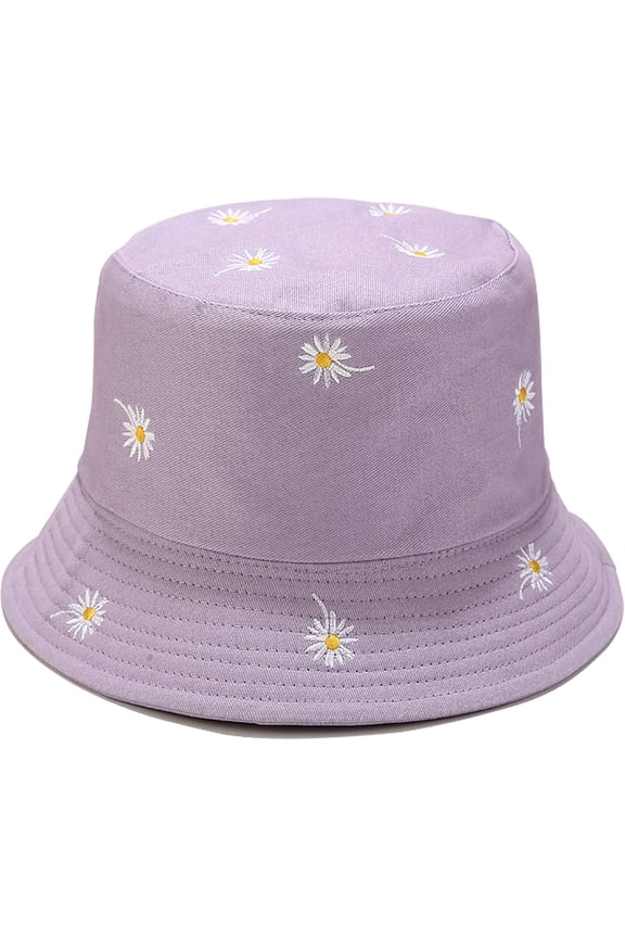Reversible Embroidered Daisy Bucket Hat Packable Beach Sun Hat for Women Men