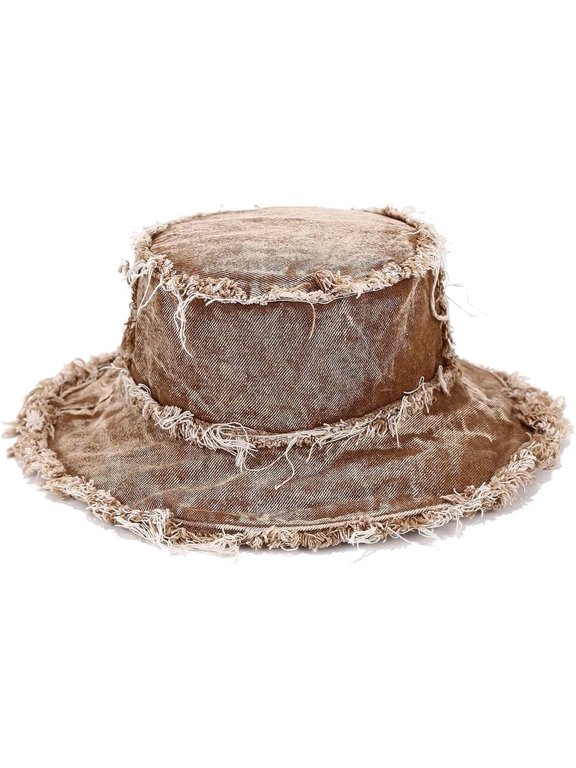 Ripped Edge Distressed Denim Bucket Hat for Women Frayed Vintage Washed Denim Sun Hat