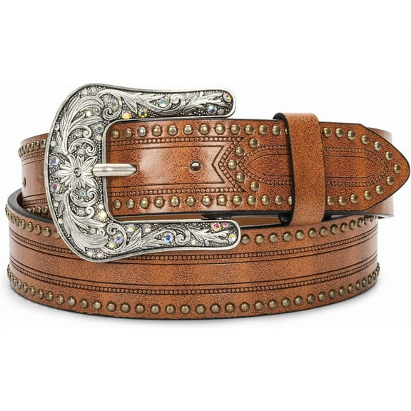 YooGuoGuo Silver Rhinestone Belt Western Cowgirl Cowboy Belts Vintage Bling Crystal Diamond Studded Leather Belt for Jean Pants (brown-belt)