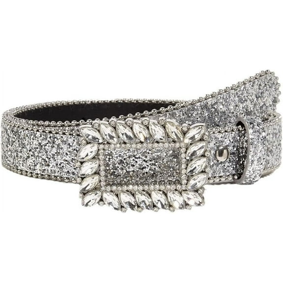 YooGuoGuo Silver Rhinestone Belt Western Cowgirl Cowboy Belts Vintage Bling Crystal Studded Leather Belt for Jean for 27-39"