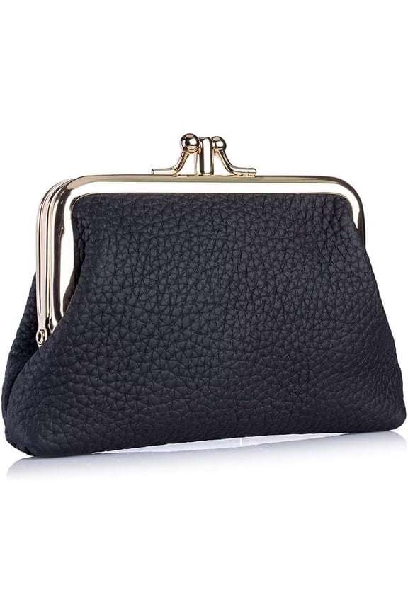 Small Wallet for Women Vintage Leather Coin Purse Compact Kiss Lock Card Case Daily Change Pouch with 2 Pockets