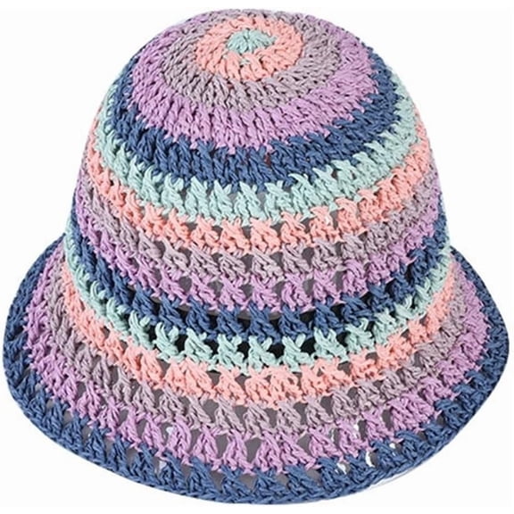 YooGuoGuo Straw Beach Straw Sun Hat Women Summer Crochet Colorful Rainbow Striped Bucket Hat Knit Woven Contrast Gradient Floppy Cap